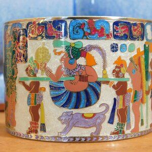 OOAK Fernandez Rodriguez signed artisan cuff Mayan Aztec enamel copper bracelet